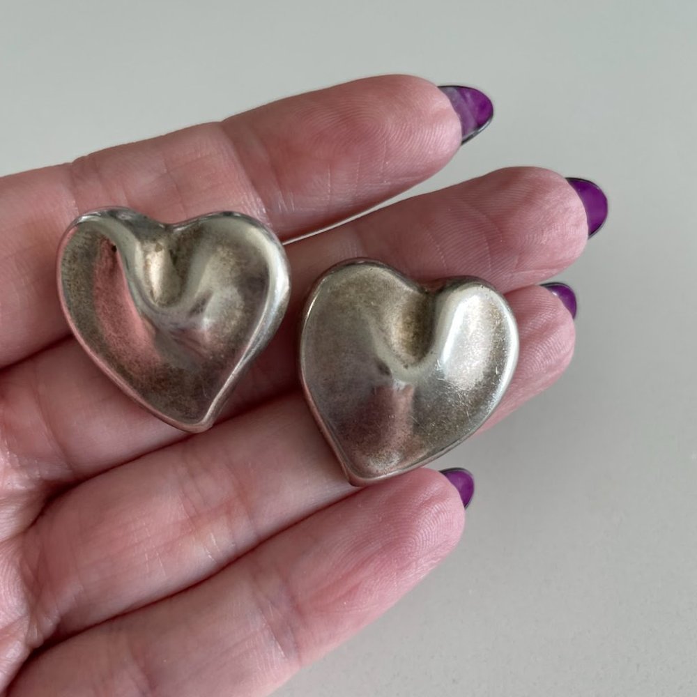 Pinched Heart Stud Earrings Vintage Sterling
